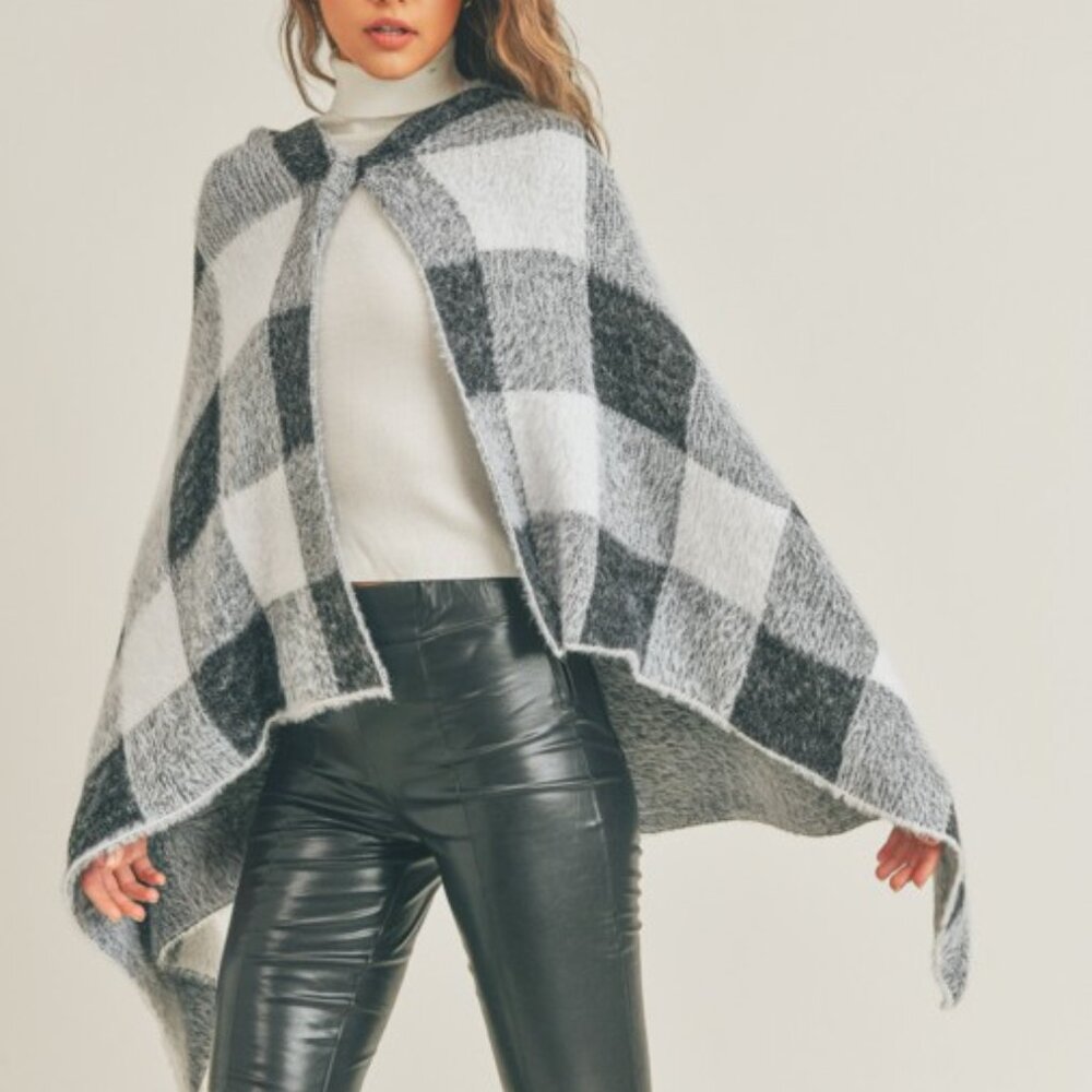 Plaid Hooded Poncho Cape Black White Gray Cozy Fall Winter Layer